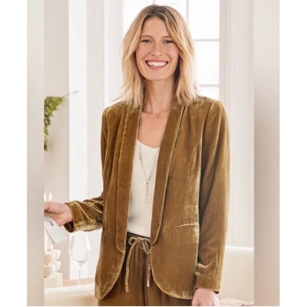 GARNET HILL Blazer Womens 18 Beige Relaxed Velvet Open Blazer Rayon Silk Blend